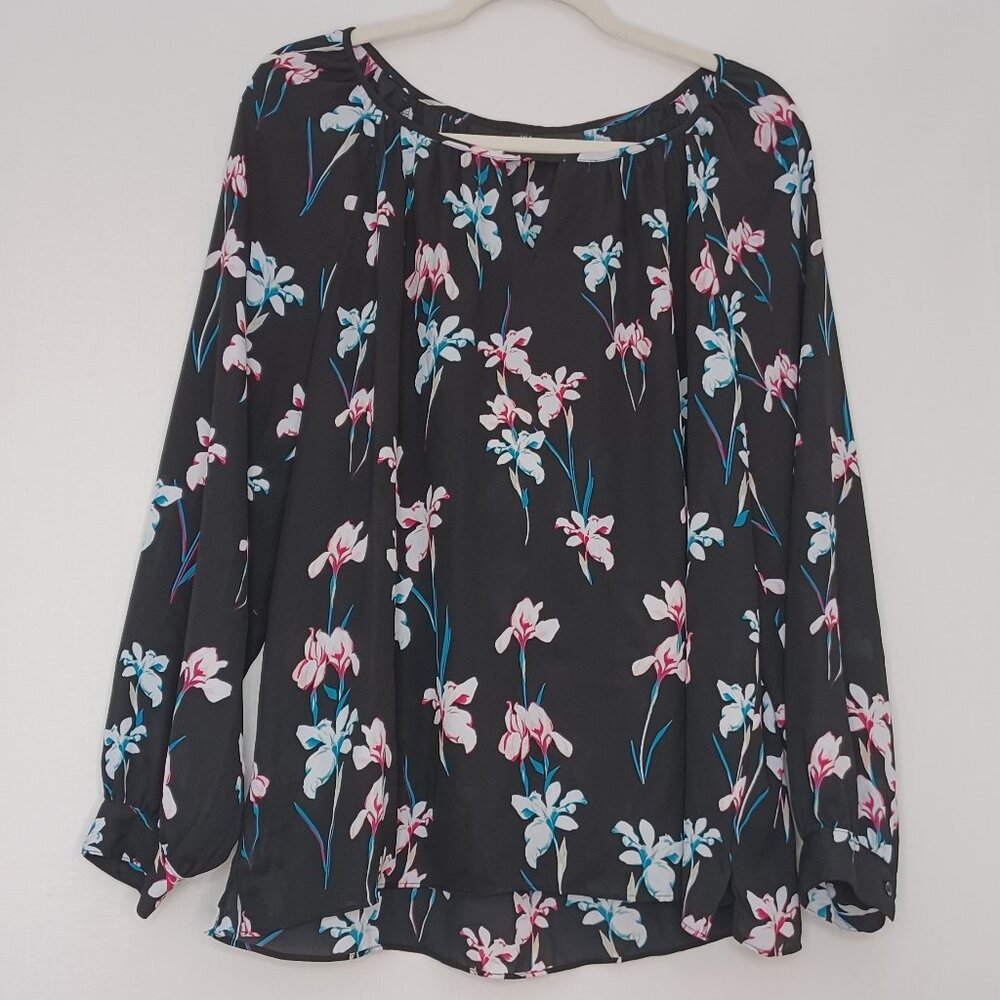 Women's I.N.C. Lightweight Sheer Flowy Black Floral Long Sleeve Top Size Large - Picture 1 of 7